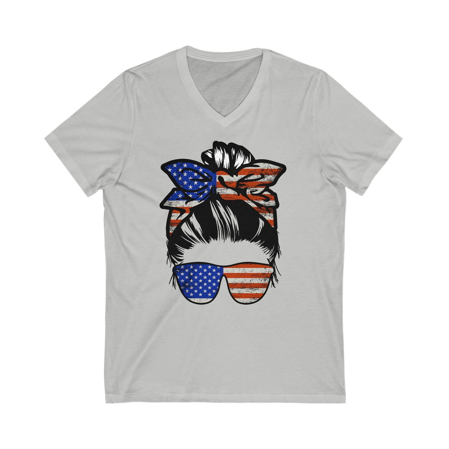 Unisex Jersey Short Sleeve V-Neck Tee- Patriotic Messy Bun