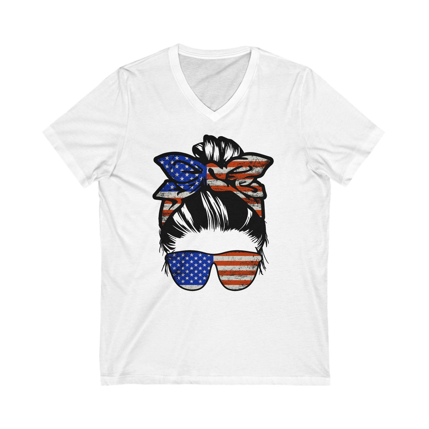 Unisex Jersey Short Sleeve V-Neck Tee- Patriotic Messy Bun