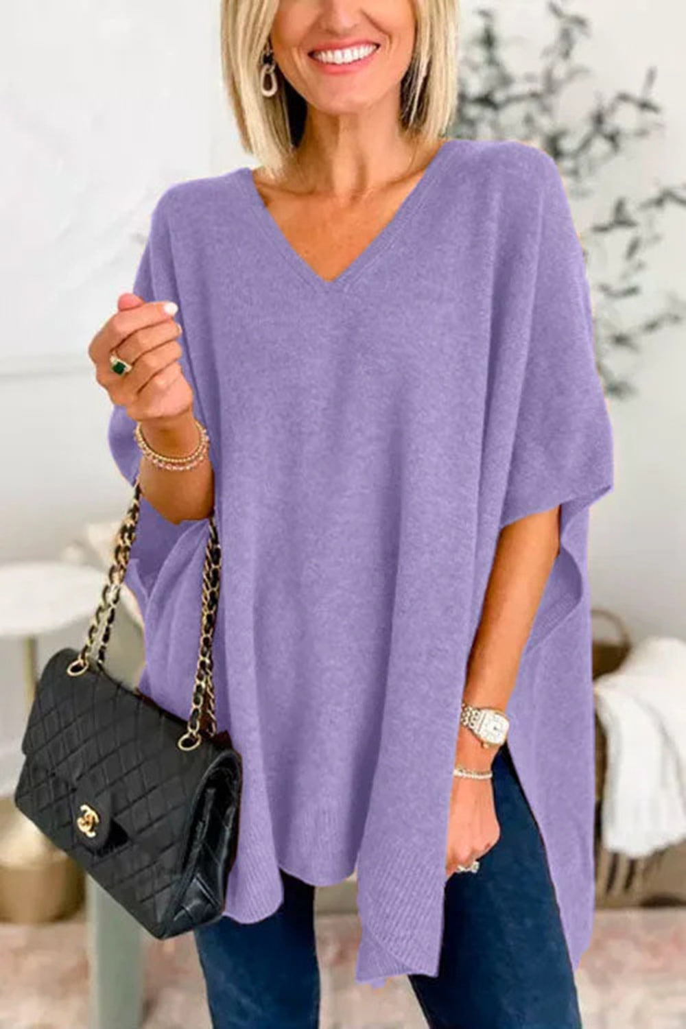 Slit V-Neck Half Sleeve Knit Top