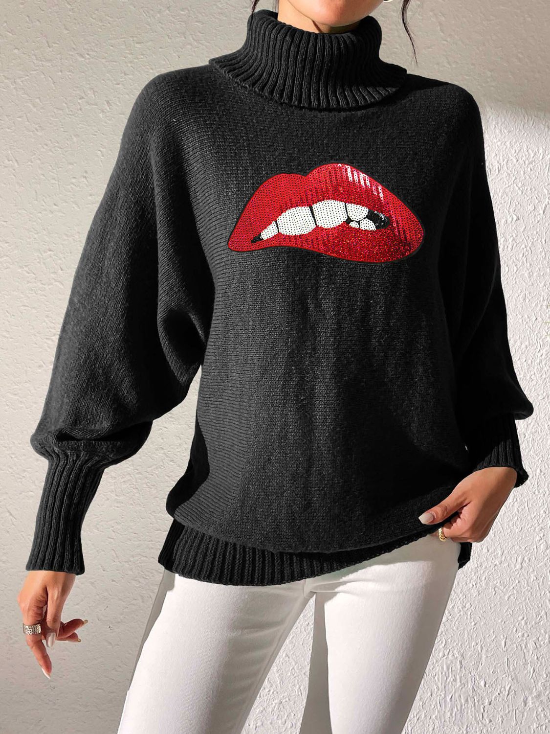 Lip Turtleneck Long Sleeve Sweater