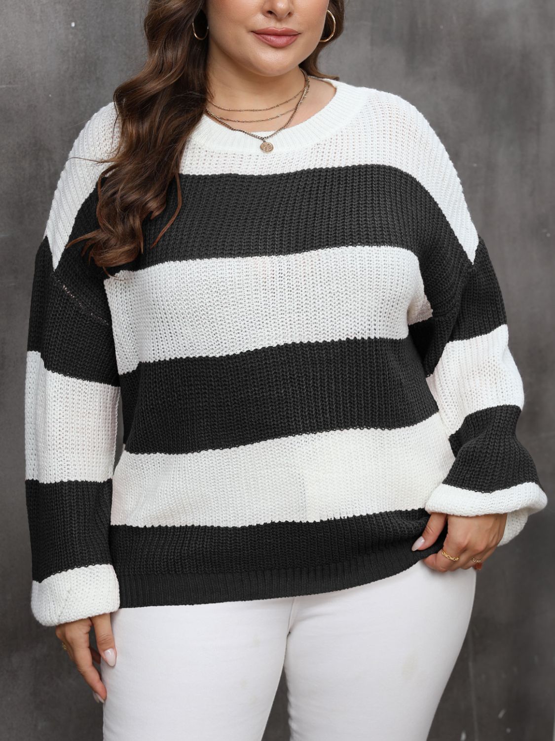 Plus Size Striped Round Neck Long Sleeve Sweater