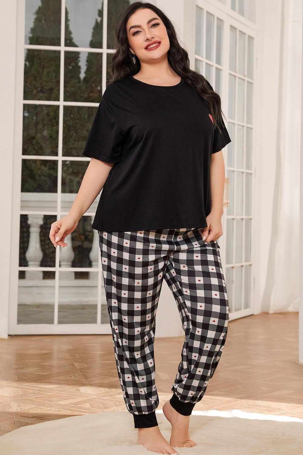 Plus Size Round Neck Short Sleeve Two-Piece Lounge Set